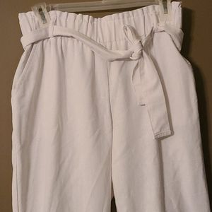 High waisted tie waist white pants